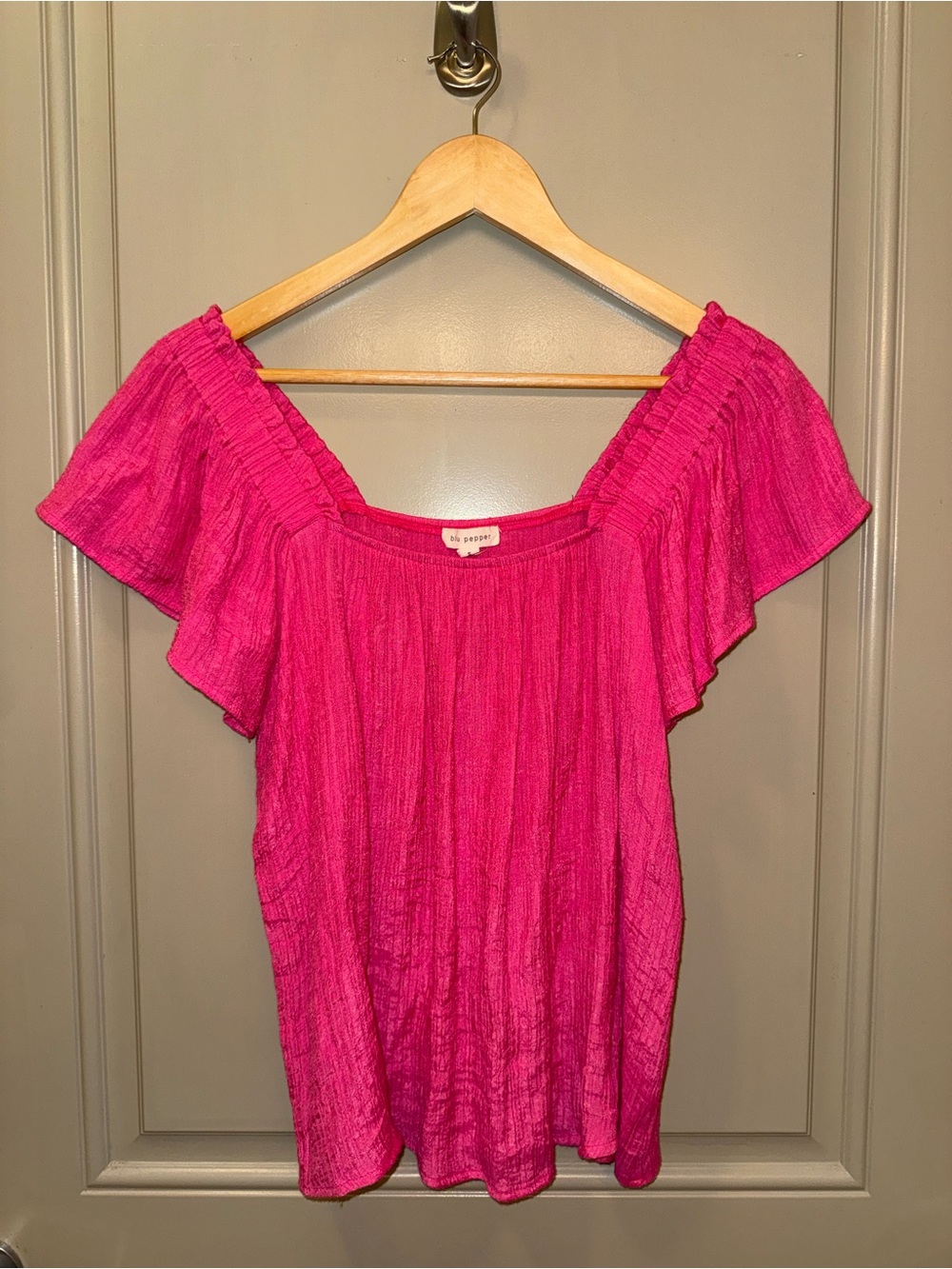 Blu Pepper Vibrant Pink Off-Shoulder Flutter Sleeve Blouse